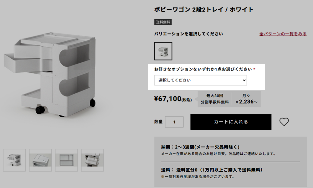 ボビーワゴンご注文時のオプション選択画面イメージ